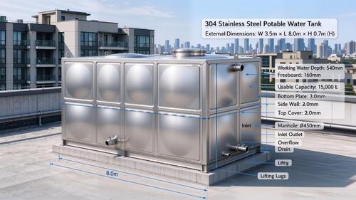 последний случай компании о 15,000L 304 Stainless Steel Potable Water Tank for Commercial Apartment Rooftop Water Supply