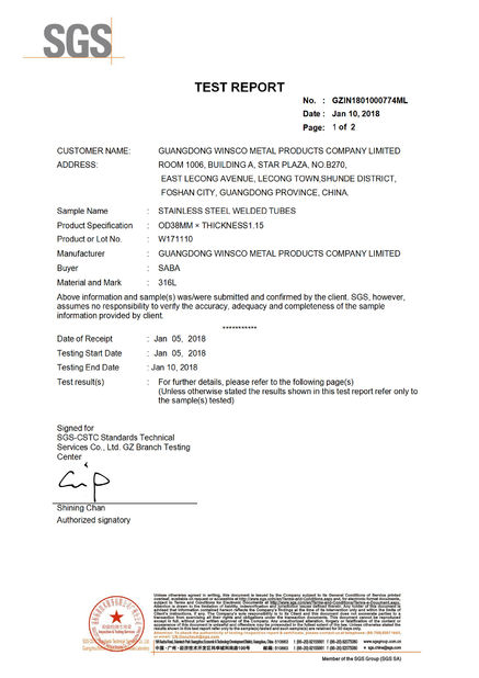 Китай (GuangDong)Foshan Winsco Metal Products Co., Ltd. Сертификаты
